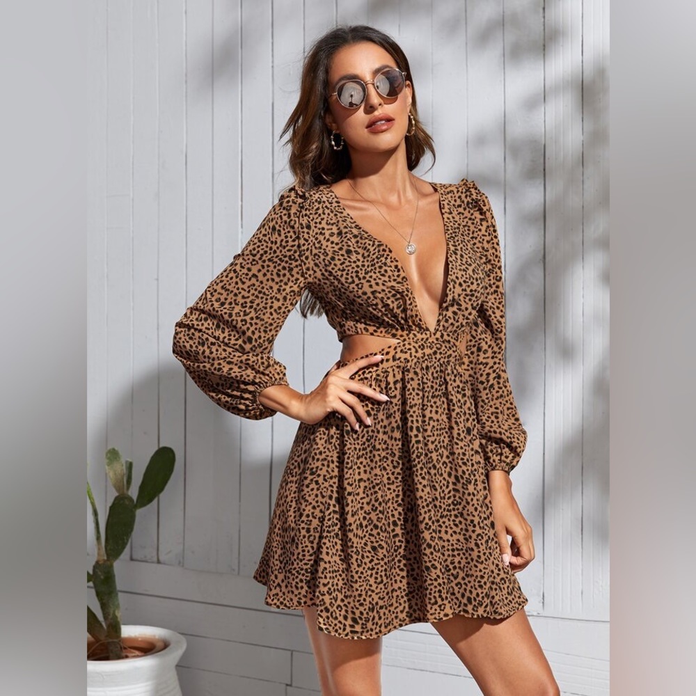 SHEIN VCAY Leopard Print Cut Out Lantern Sleeve Tie Back Dress Medium Baddie
